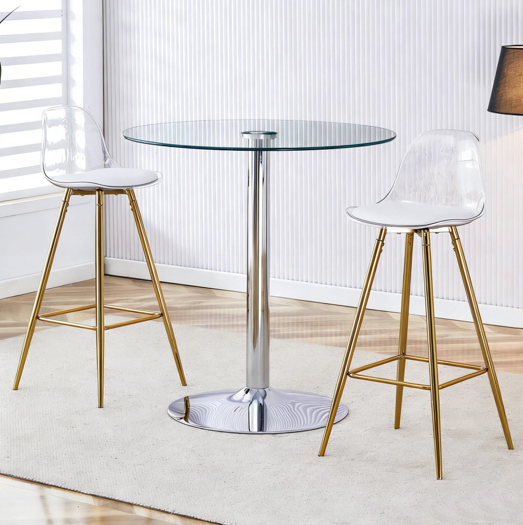 Set bar con tavolo rotondo in vetro ? 89 cm e 2 sgabelli trasparenti con gambe oro