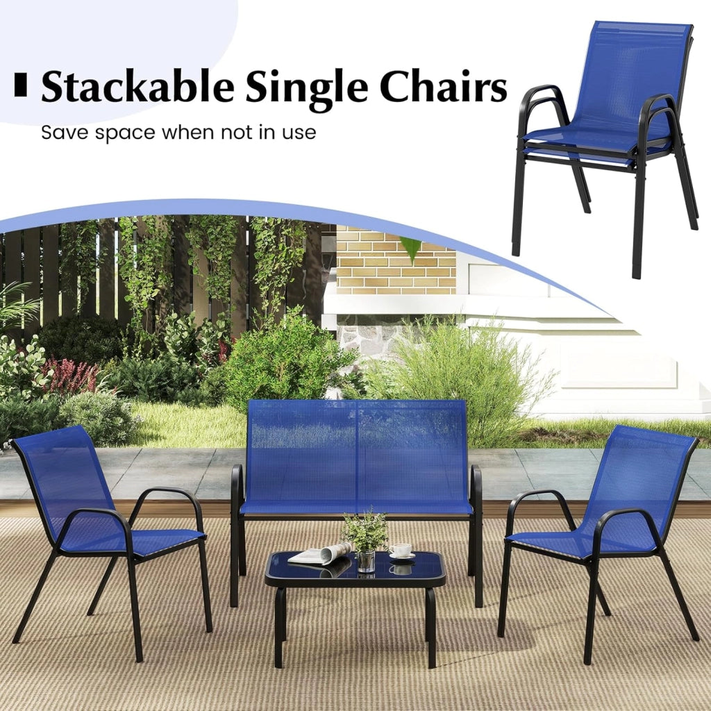 Set Tavolo e Poltrona da Giardino, Set di Mobili 4 Pezzi per Esterno, con Tavolino in Vetro Temperato, Panca e 2 Poltrone, per Giardino Balcone Piscina (Blu)
