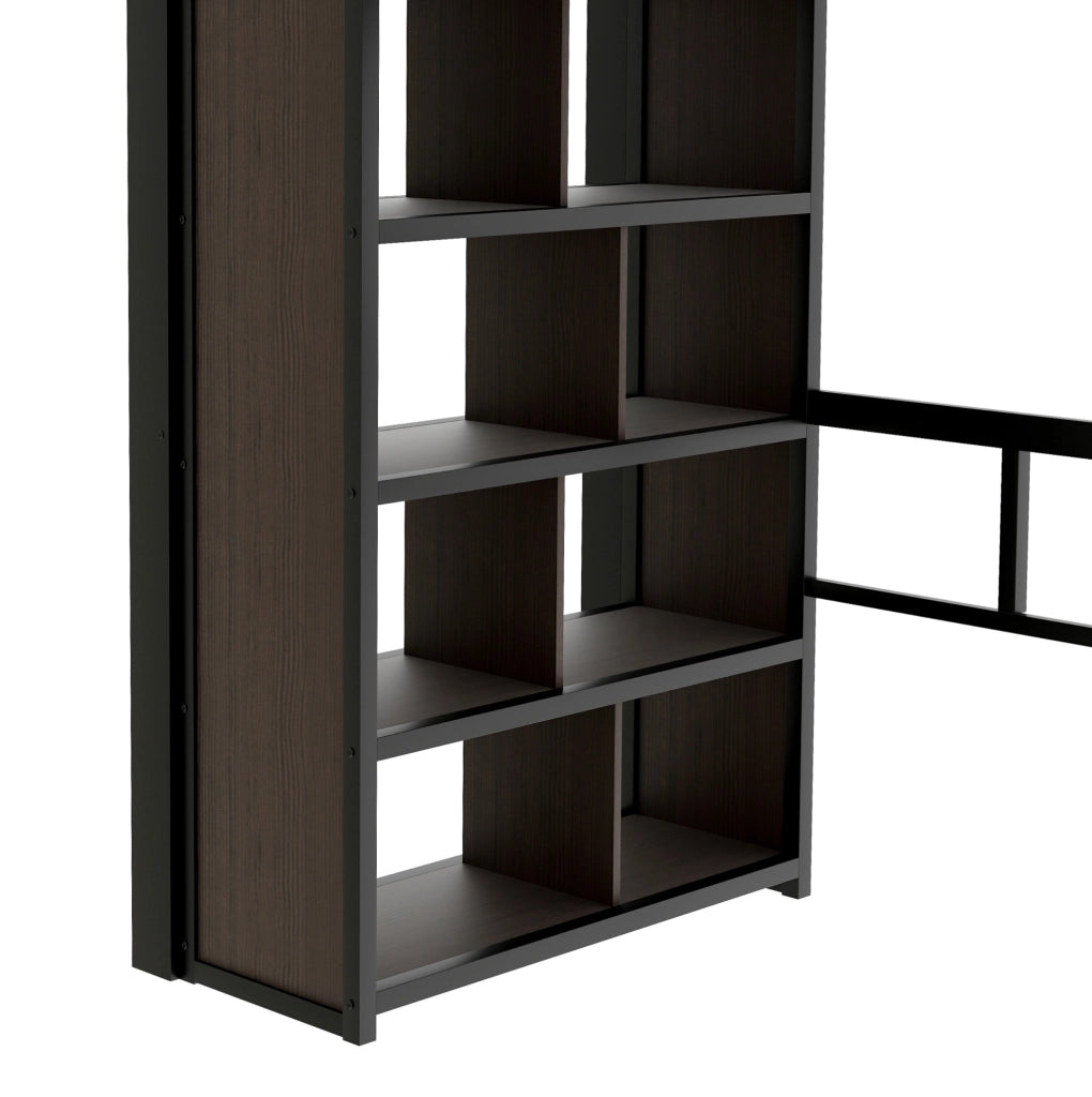 Letto a soppalco ULEVR 90x200 cm con scrivania, scaffali, gradini contenitore e LED controllabile via app, nero