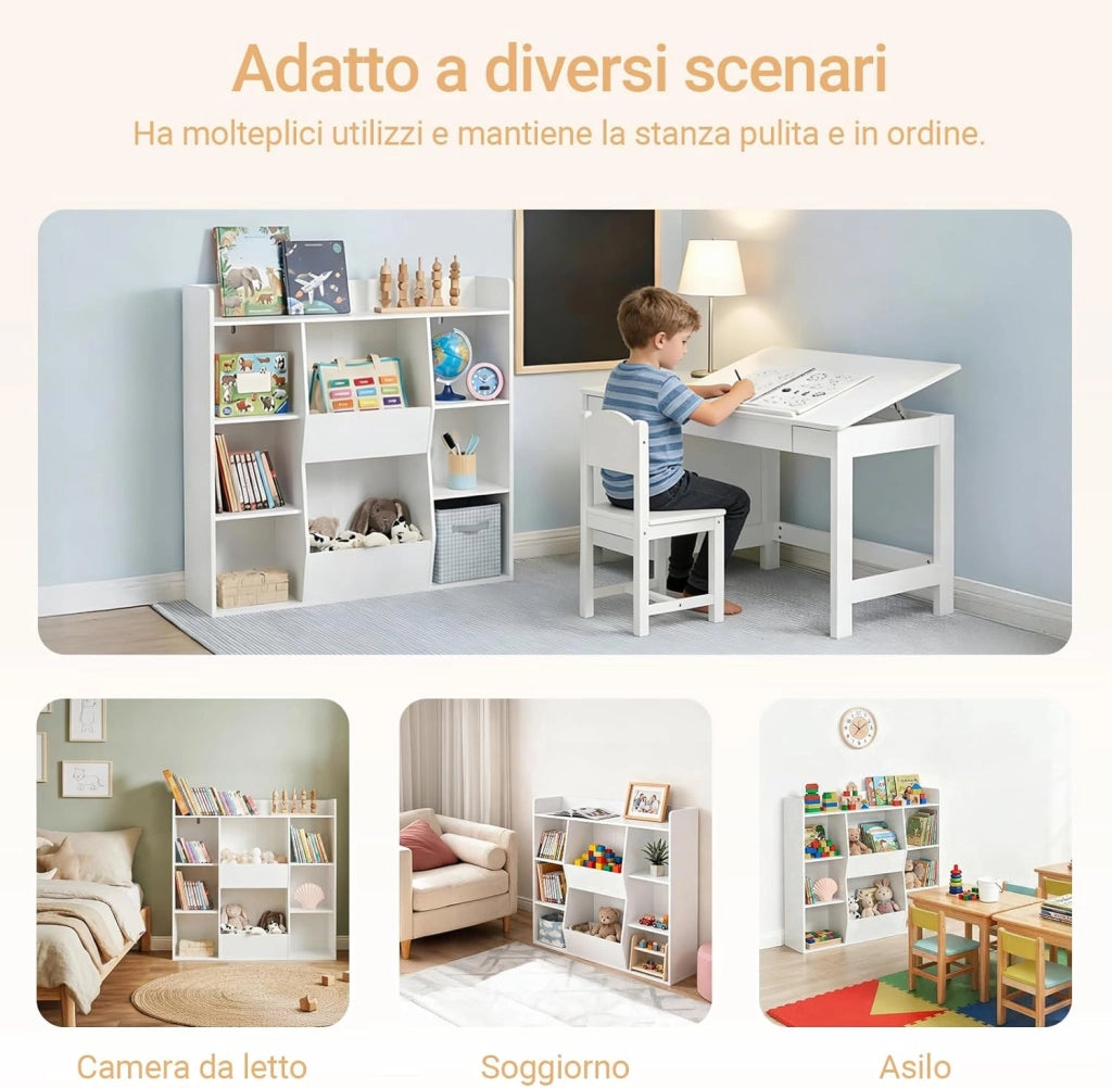 Libreria Montessoriana per Bambini - Scaffale Portagiochi con 8 Scomparti Aperti - Libreria da Terra per Cameretta 106x30x104 cm Bianco KMB55-W