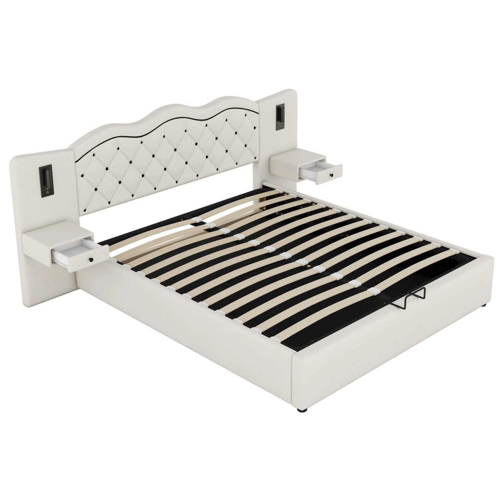 Letto matrimoniale 180x200 cm imbottito con contenitore; USB e luci; beige