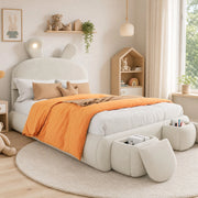 Letto imbottito beige con orecchie decorative, contenitore idraulico e 2 pouf