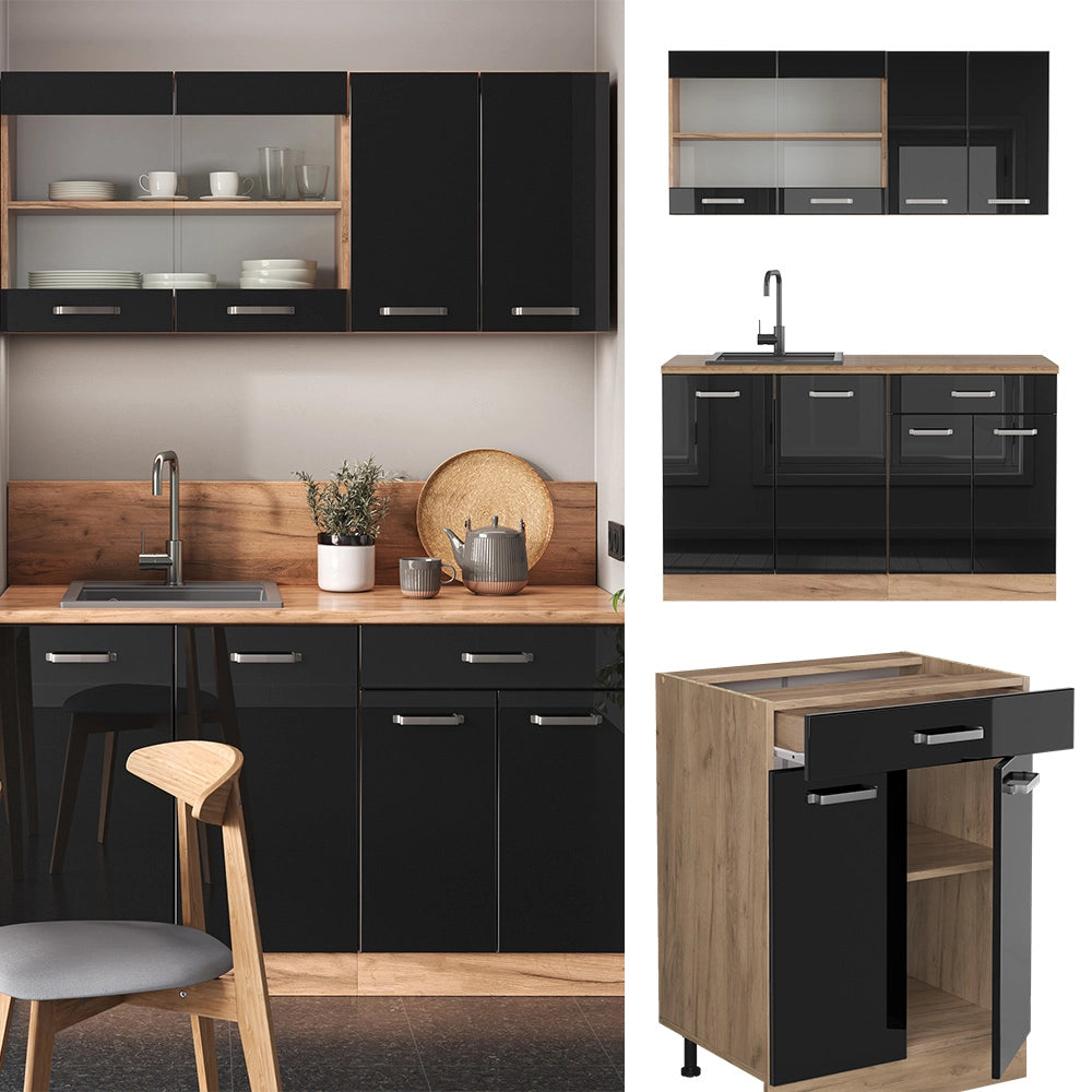 Vicco Cucina monoblocco Rovere nero/oro lucido 140 cm , PL Marmo