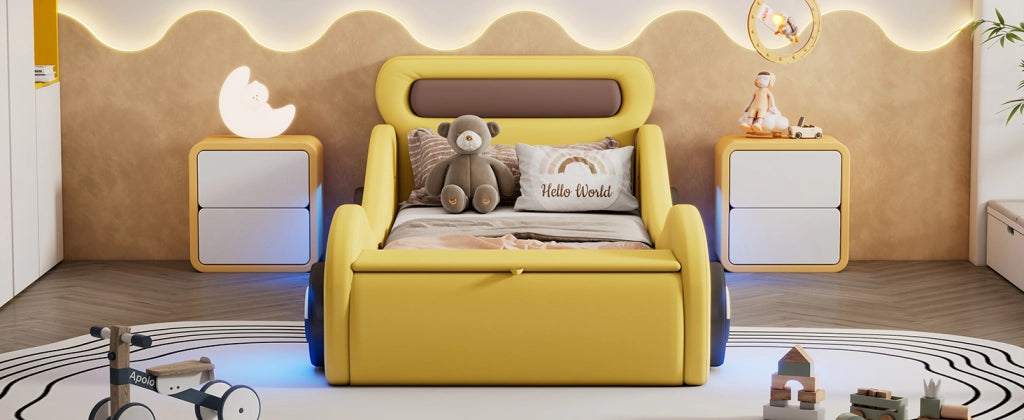 DESMIU Letto per bambini 1 posto con vano portaoggetti e ruote luminose, 90 × 200 cm, senza materasso, giallo