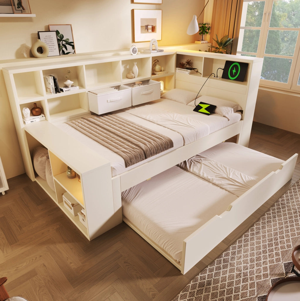 Letto 90x200 cm con letto estraibile; USB e Type-C in legno e truciolare bianco