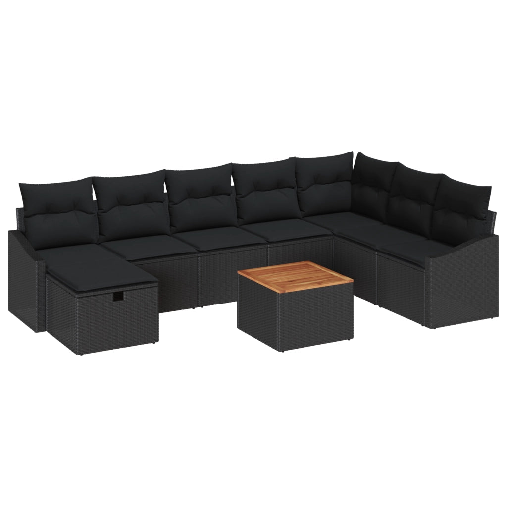 Set Divano da Giardino 9 Pezzi con Cuscini Nero Polyrattan