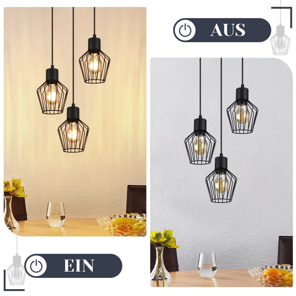 Lampada a sospensione ZMH rotonda a 3 lampadine LED nera E27 retr¨° in metallo