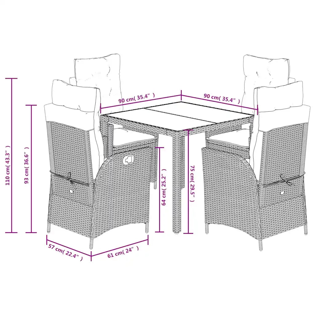 Set da Pranzo da Giardino 5 pz Nero con Cuscini in Polyrattan