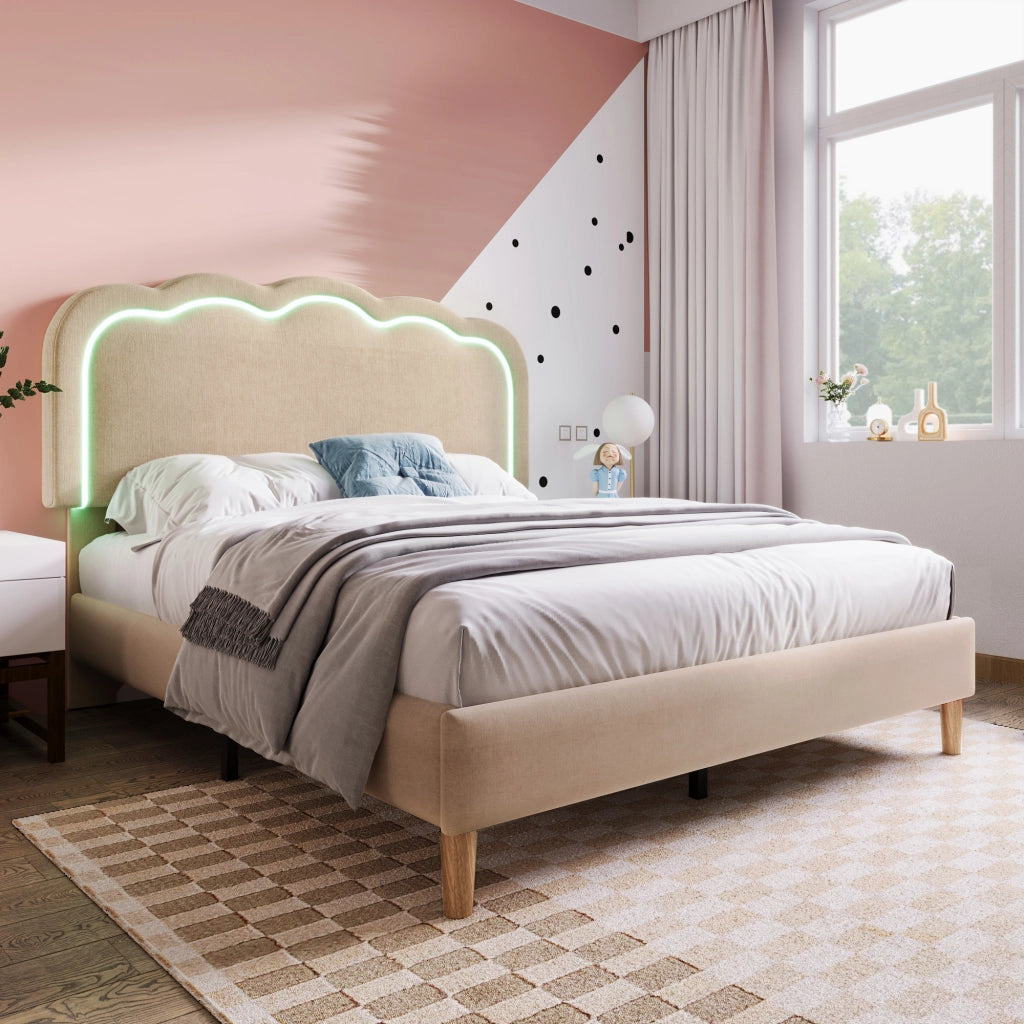 Letto Matrimoniale 140×200 cm con Testiera Regolabile e LED; senza Materasso; in Lino; Beige