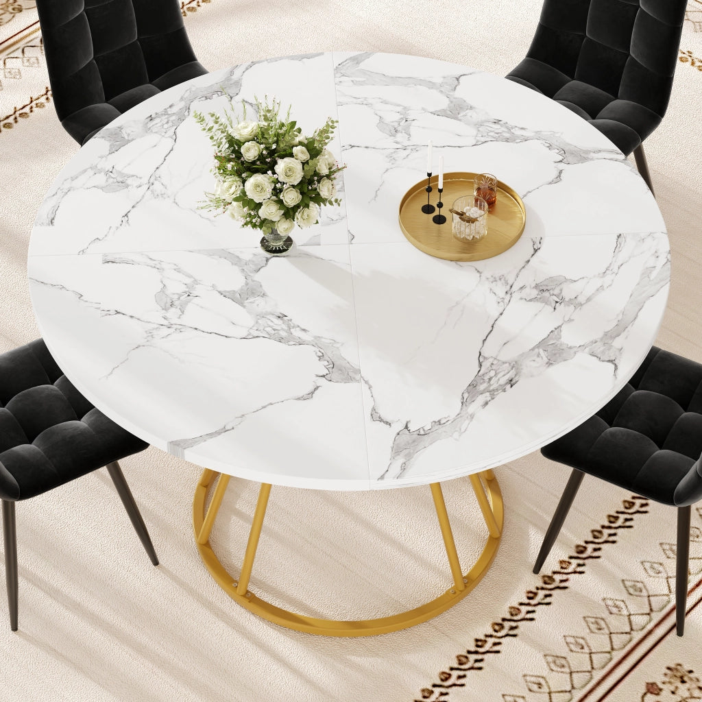 Tavolo da pranzo rotondo con piano in MDF effetto marmo e ripiano centrale per cucina soggiorno oro diametro 100 cm