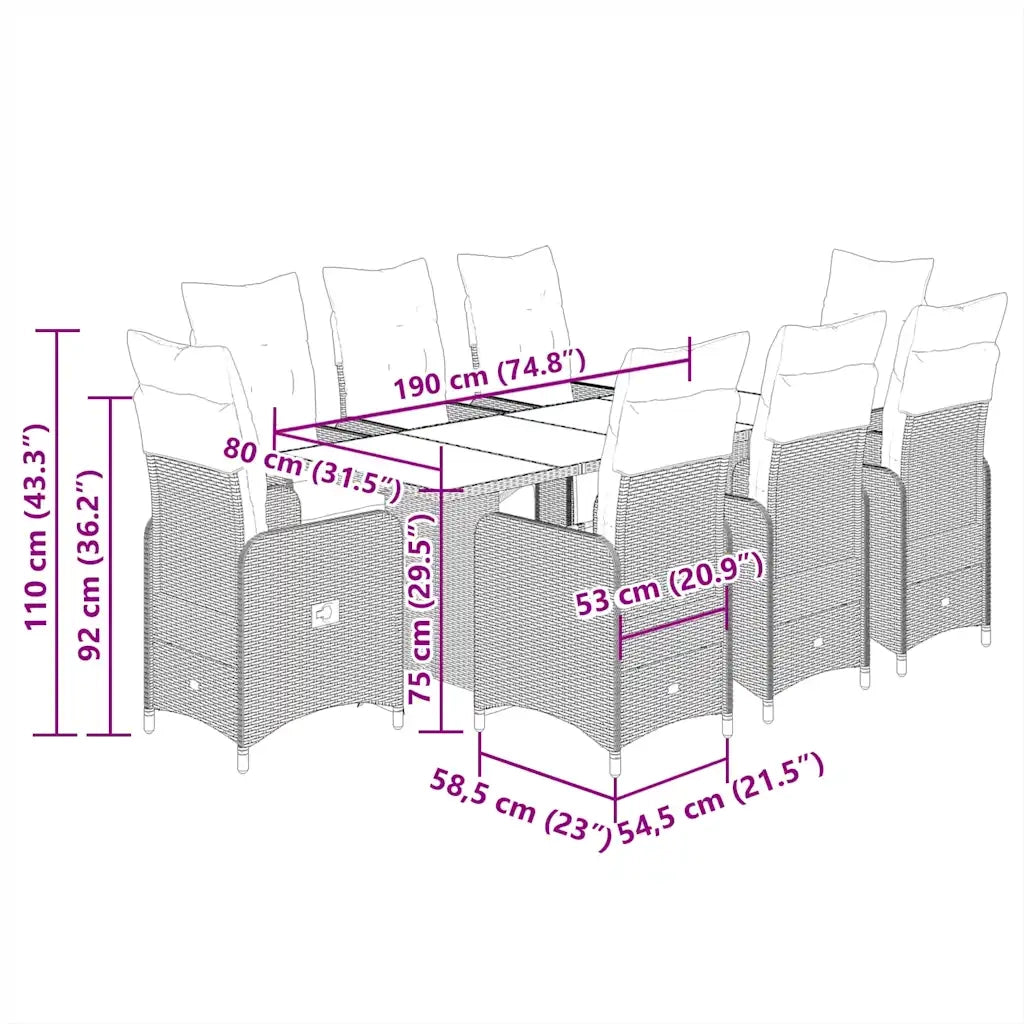 Set BistrÃ² da Giardino 7 pz con Cuscini in Polyrattan Grigio