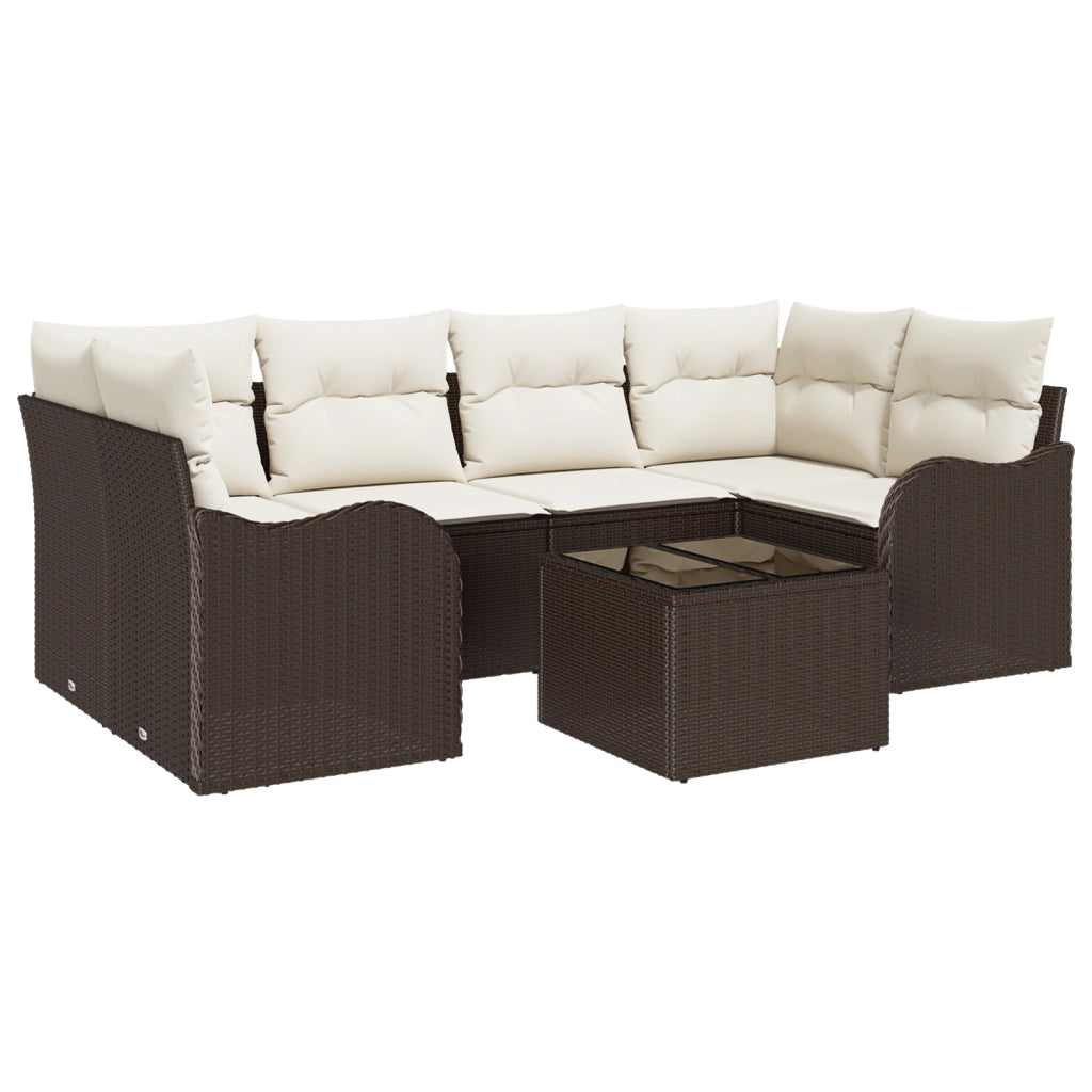 Set Divano da Giardino di 7 Pezzi  con Cuscini Marrone Polyrattan