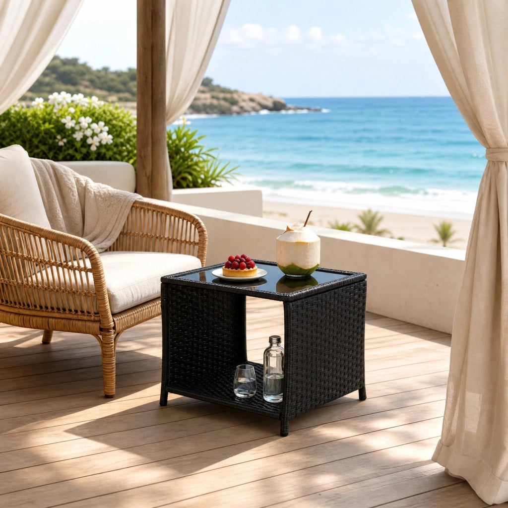 TAVOLO DA GIARDINO IN POLYRATTAN CON VANO PORTAOGGETTI 45 x 45 x 40 cm NERO