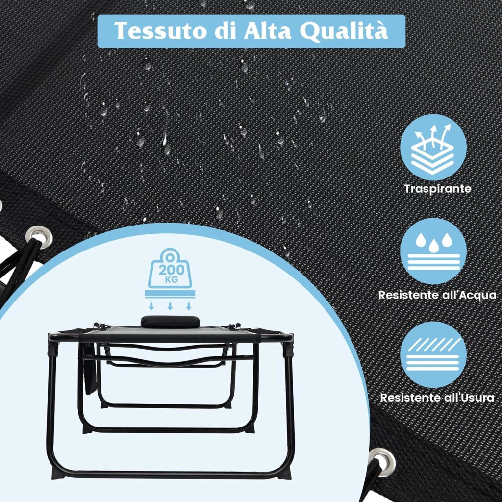 Lettino Prendisole da Giardino, Sedia a Sdraio Pieghevole con Schienale Regolabile, Cuscino Staccabile, Tasca, Portata 200 kg, 168-188 x 69 x 41-86 cm (Nero)
