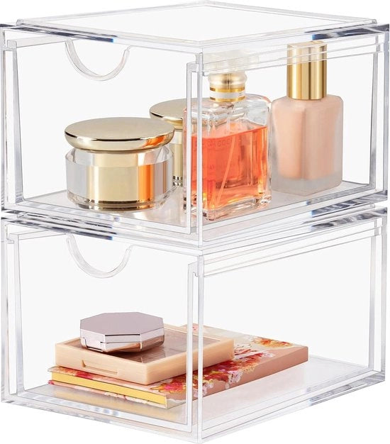Organizzatore di trucco trasparente a 20 spessori, stivaggio a pile, per cosmetici, cura della pelle, accessori capelli, bagno, vasca, lavabo, comodino.