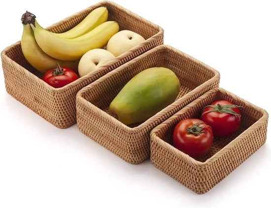 Cestello di archiviazione in rattan naturale, rettangolare, contenitore tessuto, stivabile, porta chiavi per armadietto cucina, ripiano, 3 pezzi