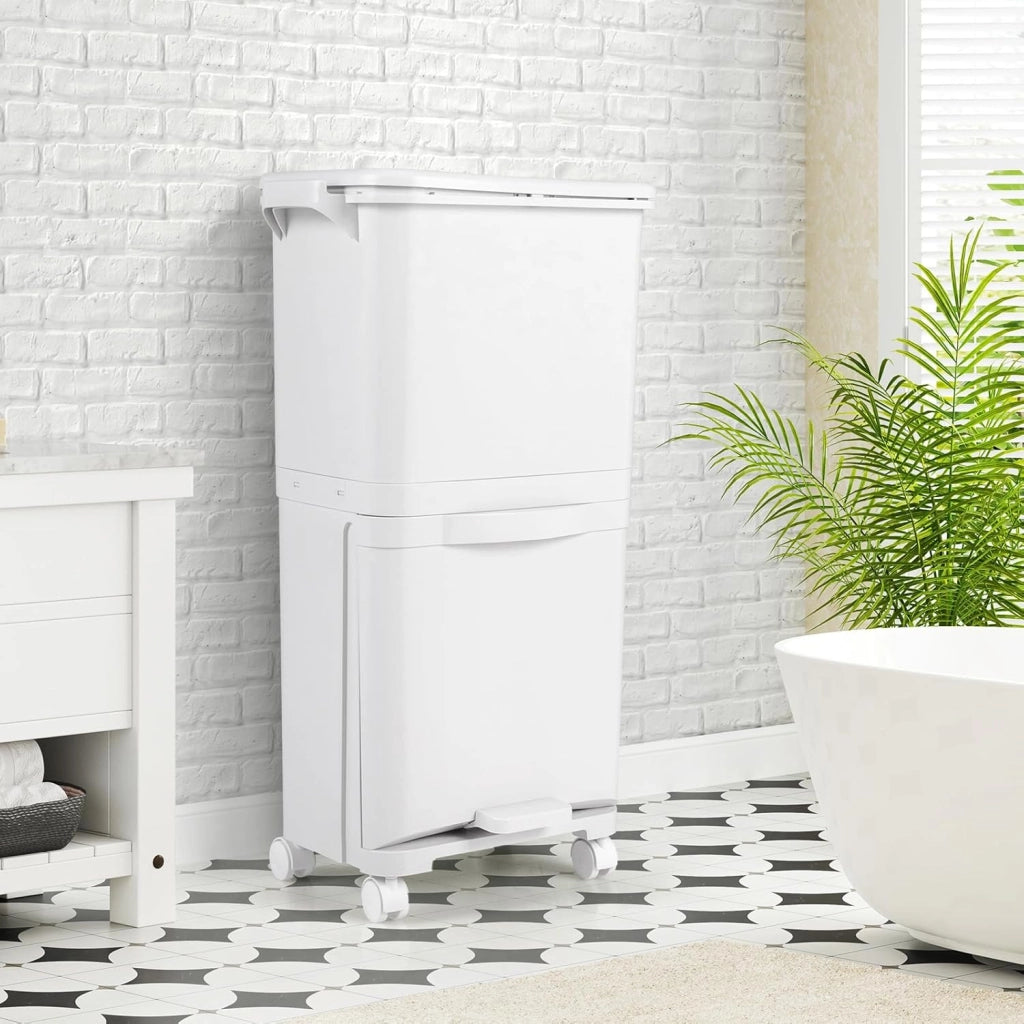 Pattumiera 2 Scomparti 40L, con Pedale, Ruote e Coperchio, Contenitore per Rifiuti Inclinabile, Sistema di Raccolta Differenziata per Cucina (40 L)