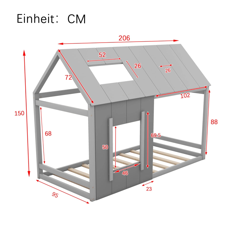 Letto per bambini 90x200 cm a forma di casa con tetto e finestra; legno; grigio