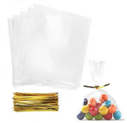 Sacchetti per dolci 100 pezzi - Sacchetti trasparenti in cellofan - Sacchetti di regalo con nastri - Sicuri per l'alimentazione - 15 x 10 cm - Ideali per feste