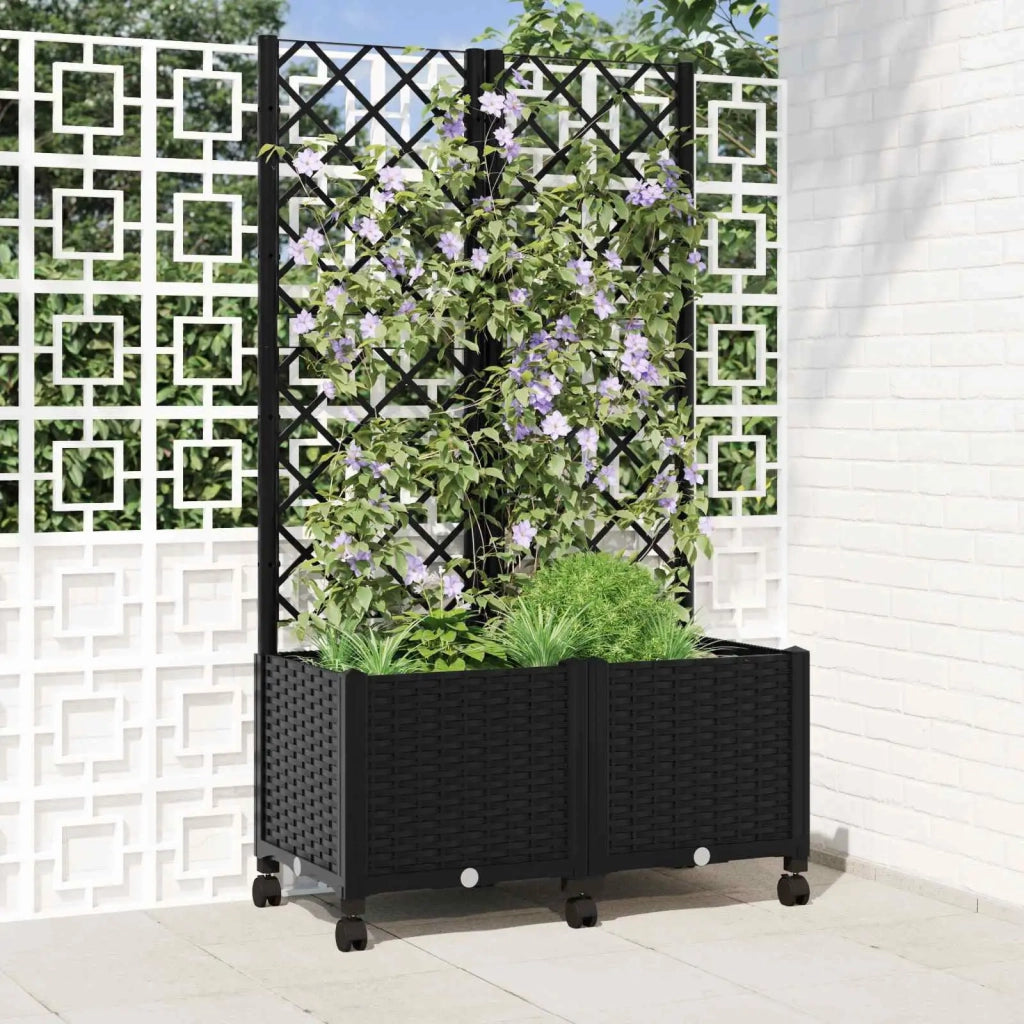 Vaso da giardino con grigliato e ruote Nero 80 x 40 x 146 cm PP 3422970