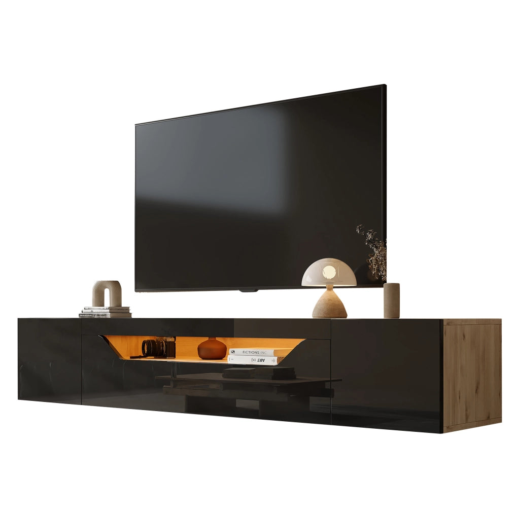 Mobile TV sospeso 180x37x36 cm con LED e 3 vani in pannello truciolare nero e naturale