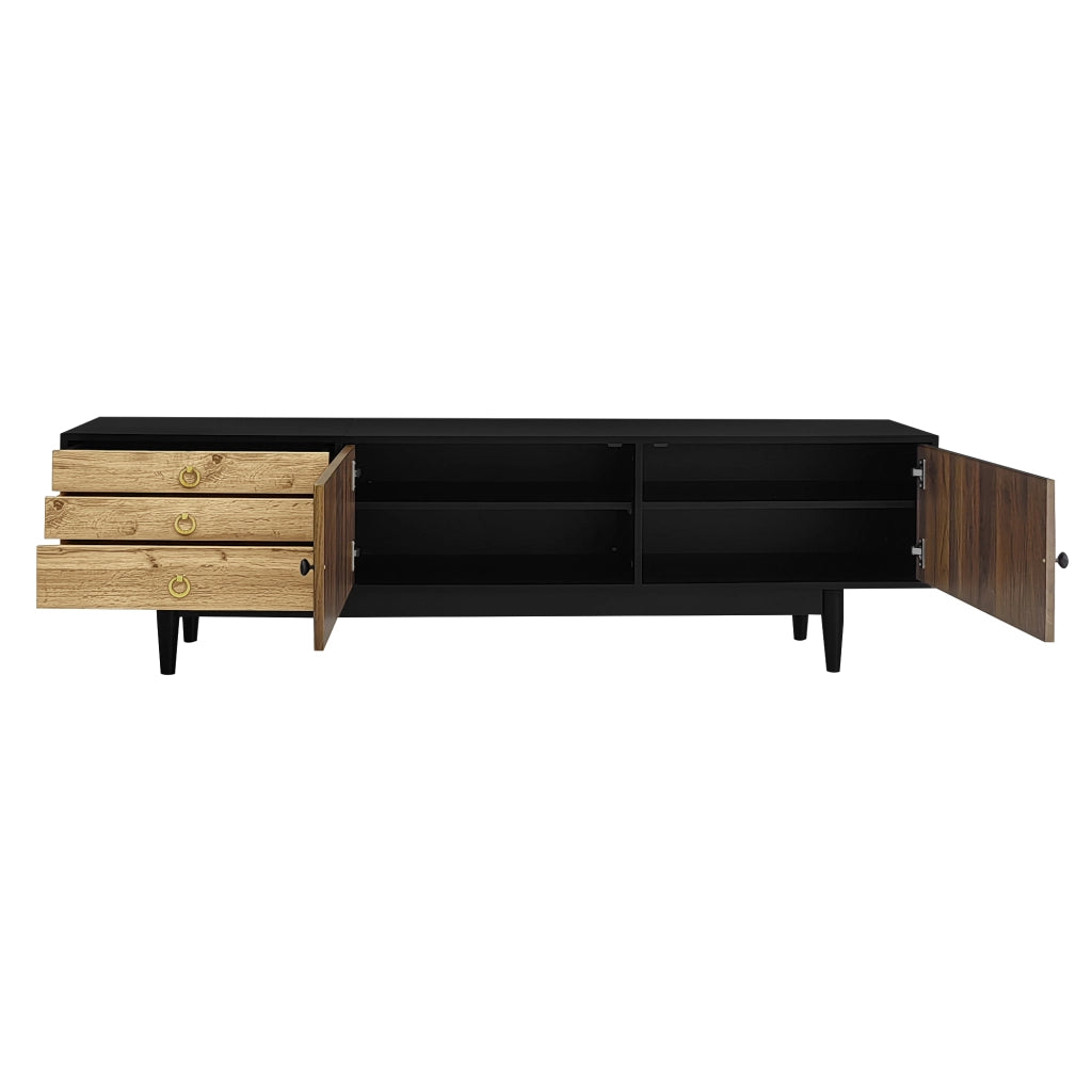 Mobile porta TV con 2 ante e 3 cassetti, pannelli effetto onda, gambe in legno, nero e legno 180 × 38 × 50 cm
