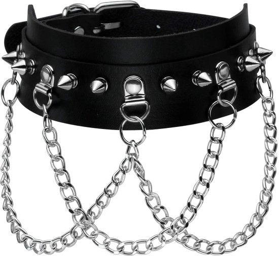 Collare Punk con Cinturino - Materiale PU Pelle - Lunghezza Regolabile 30-40 cm - Larghezza 4,5 cm - Materiale Comodo