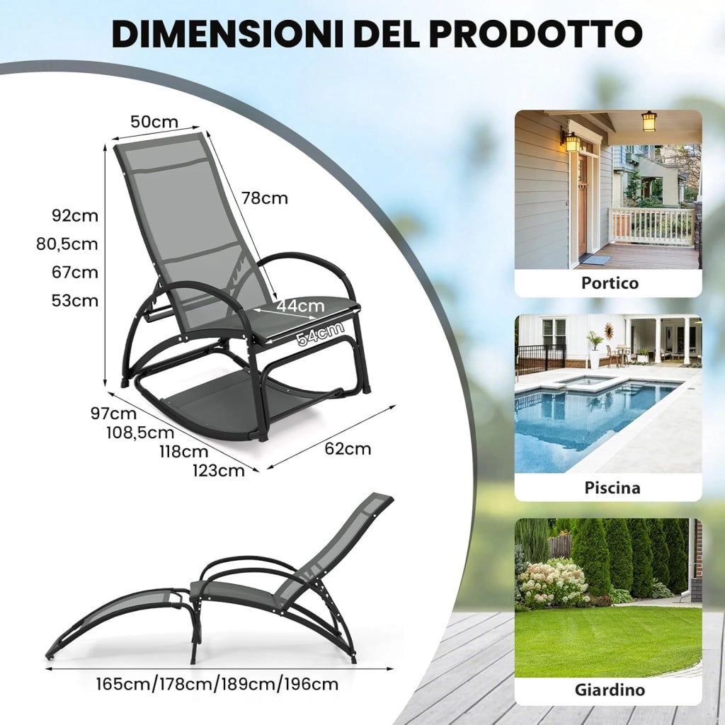 Sedia a Dondolo 2 in 1 da Giardino, Lettino Prendisole Convertibile con Schienale Regolabile a 4 Posizioni, Braccioli Curvi e Telaio in Alluminio, per Patio e Piscina, Portata 150 kg (Grigio)
