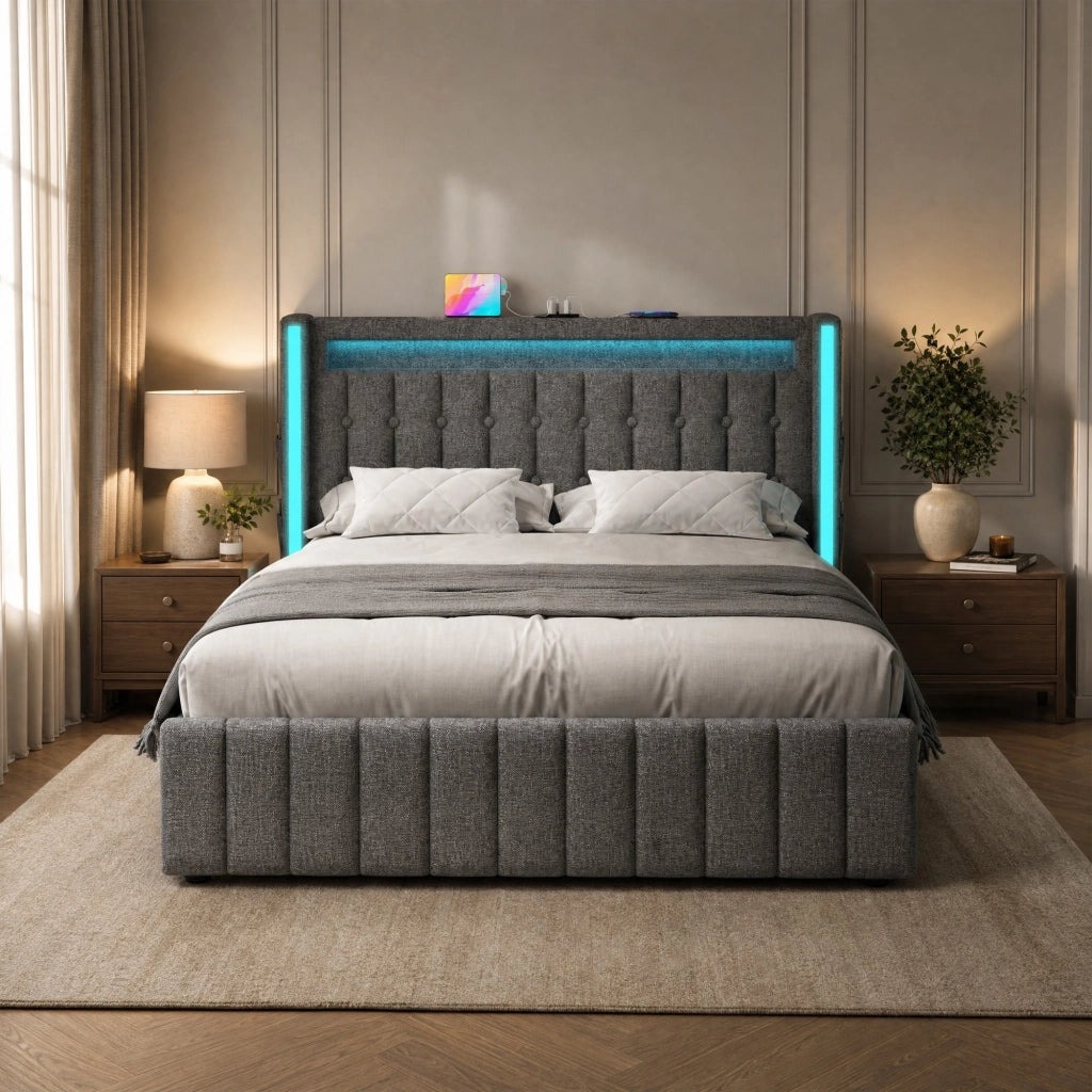 Letto matrimoniale 140x200 cm in lino grigio con USB; LED e 4 cassetti