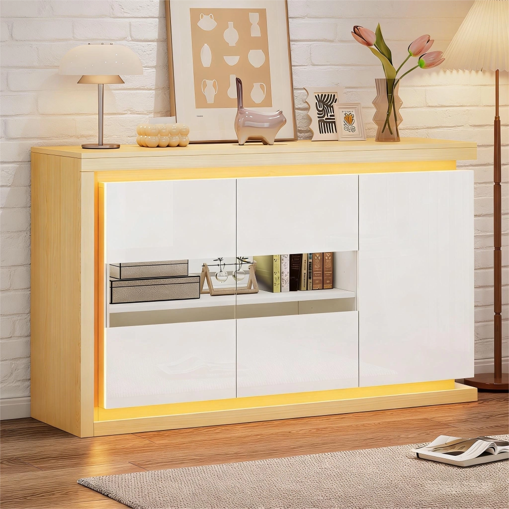 Credenza Soggiorno con LED e Ante in Vetro Temperato ¨C Xylo ¨C Bianco Lucido, 140x40x84
