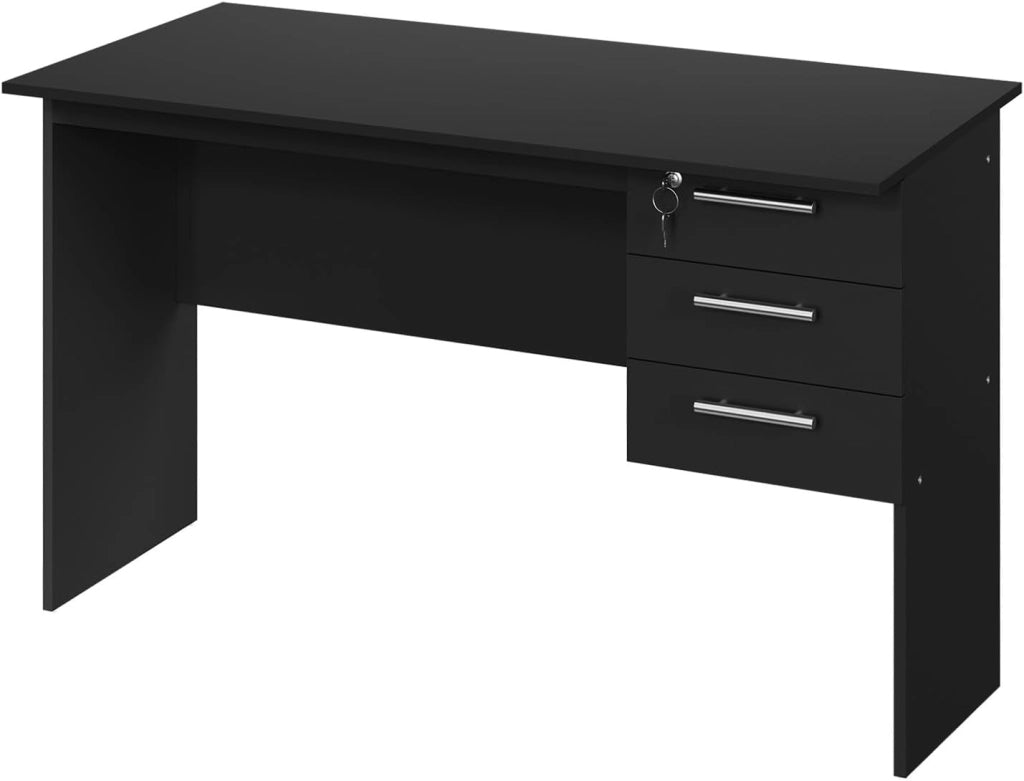 Scrivania con 3 Cassetti, 120x60 cm, Tavolo da Lavoro, Scrivania per Computer, Porta PC in Legno, Nero
