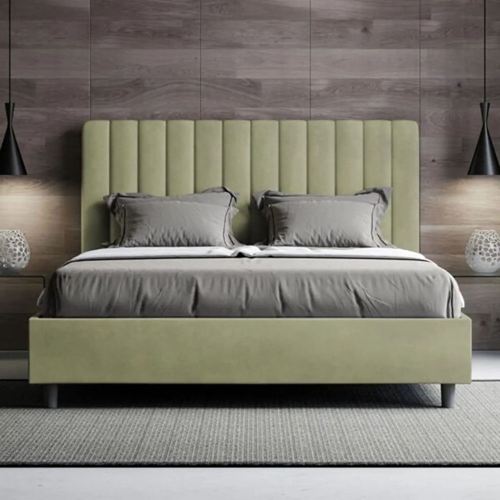 Letto matrimoniale contenitore doppia alzata imbottito 160x190 microfibra tè verde Agueda