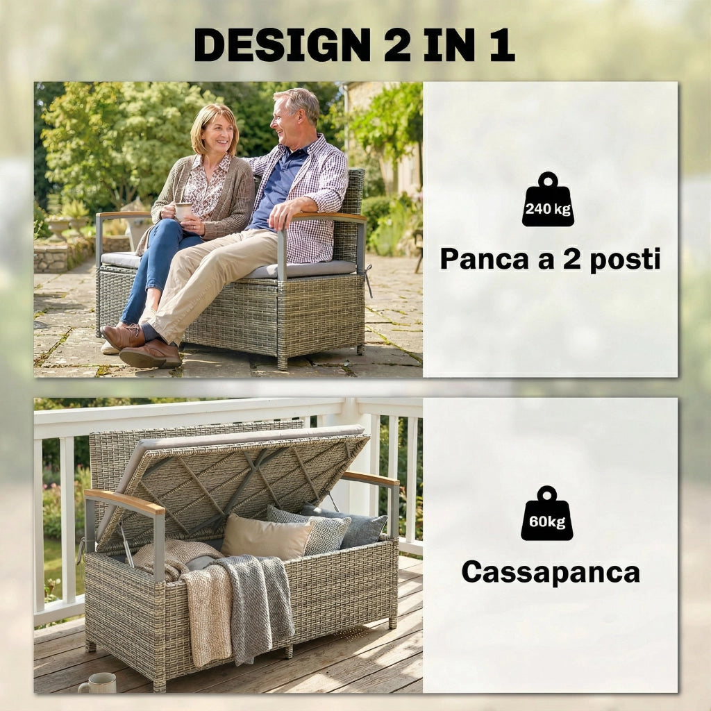 Panca Giardino 2 Posti ¨C Zephmum ¨C Rattan con Cuscino Grigio Chiaro 170L