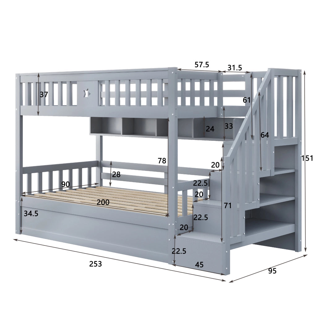 Letto a soppalco 90x200 cm con vano contenitore idraulico, scala contenitore e ripiani