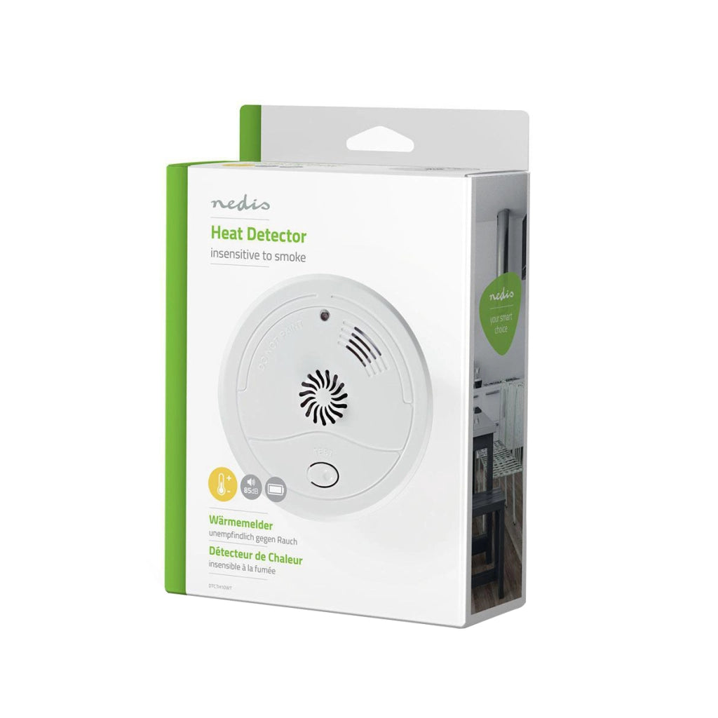 Rilevatore di Calore con Allarme 85dB Pulsante Test EN54 Batteria 9V 6LR61 Bianco Nedis