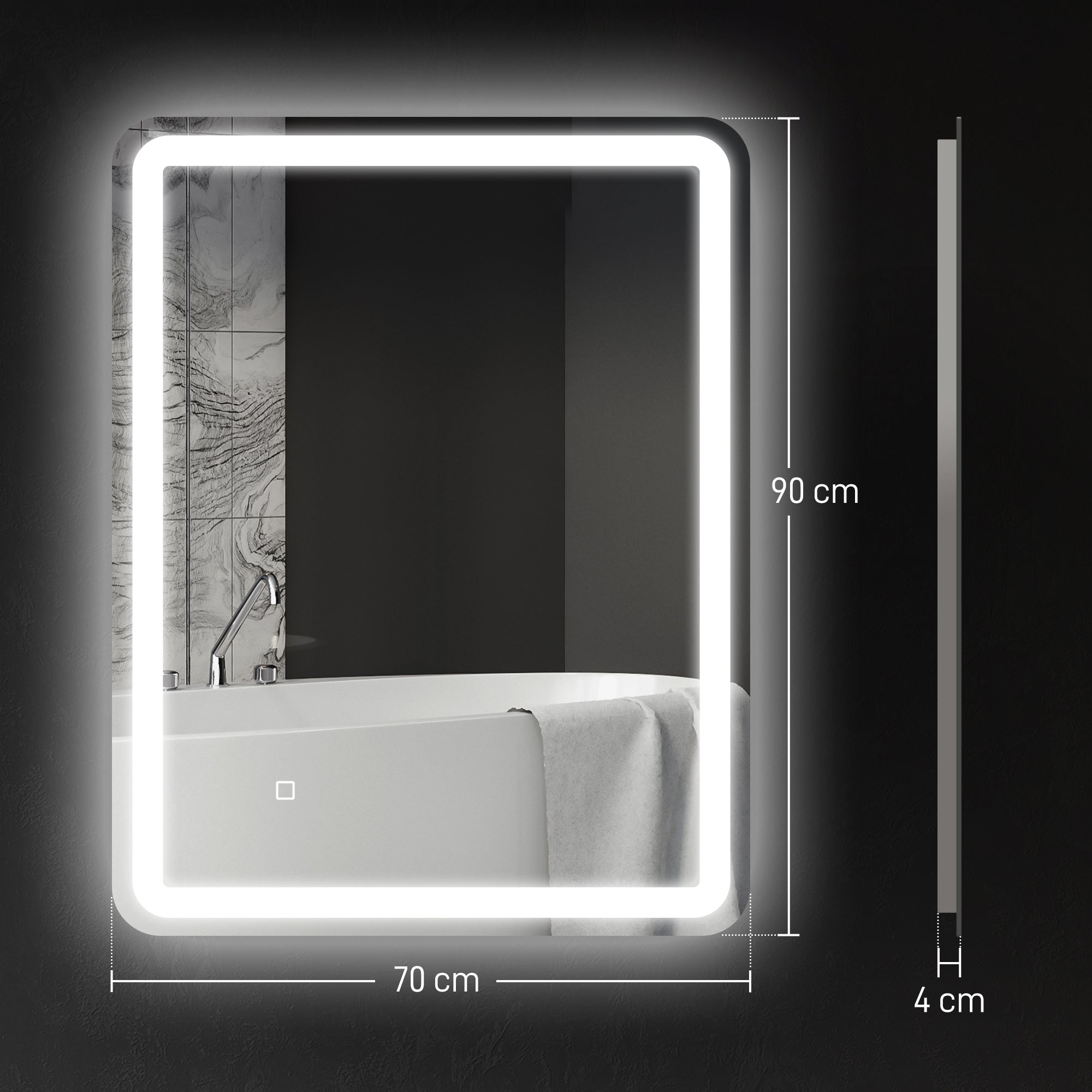 Specchio Bagno 70x90 cm LED Touch con Luce Dimmerabile a 3 Temperature e Antiappannamento