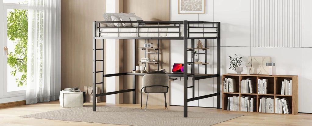 Letto a soppalco in metallo con scrivania e due scaffali, 140x200 cm, nero