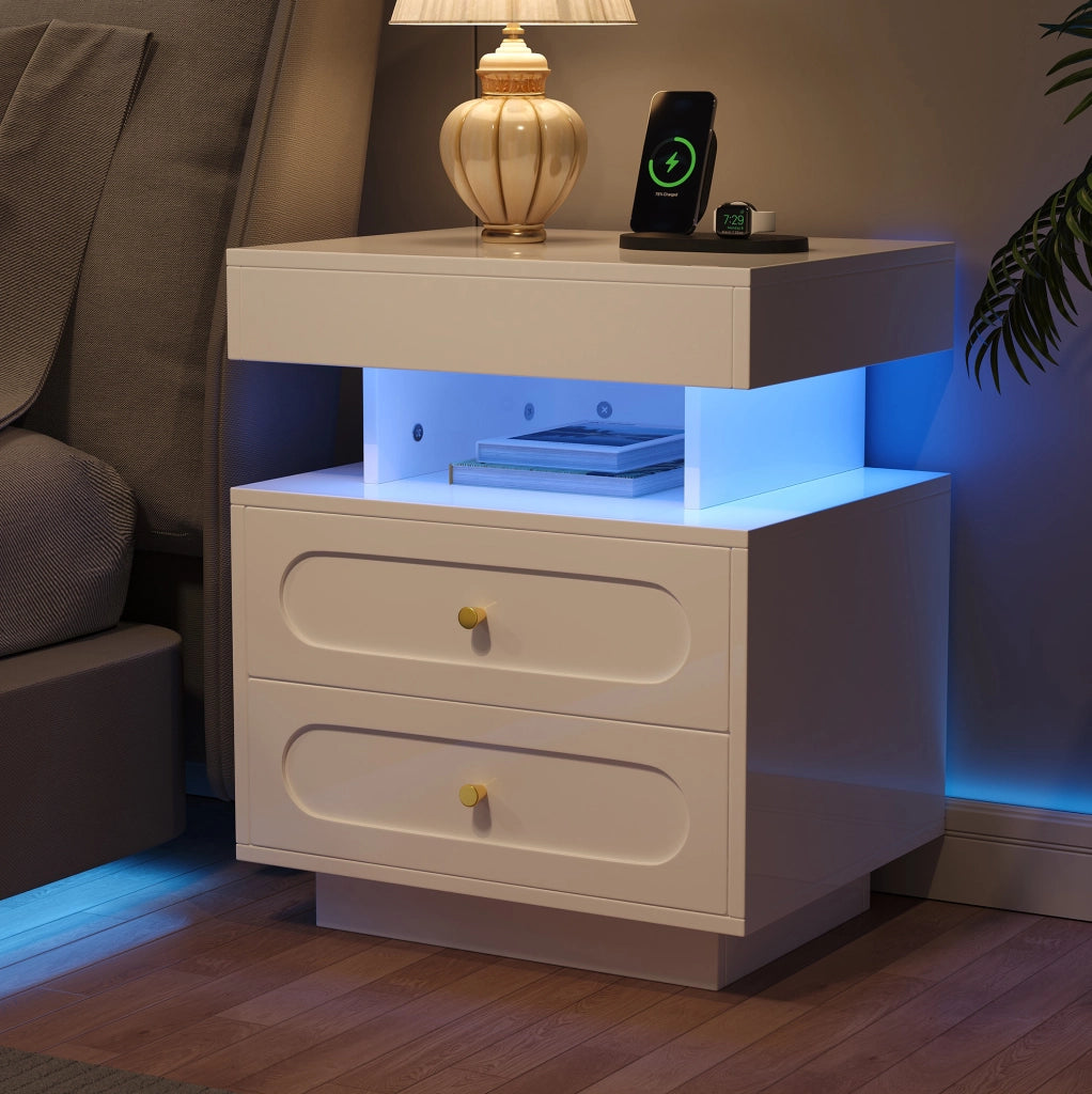 Comodino LED in truciolare 50x40x60 cm Bianco