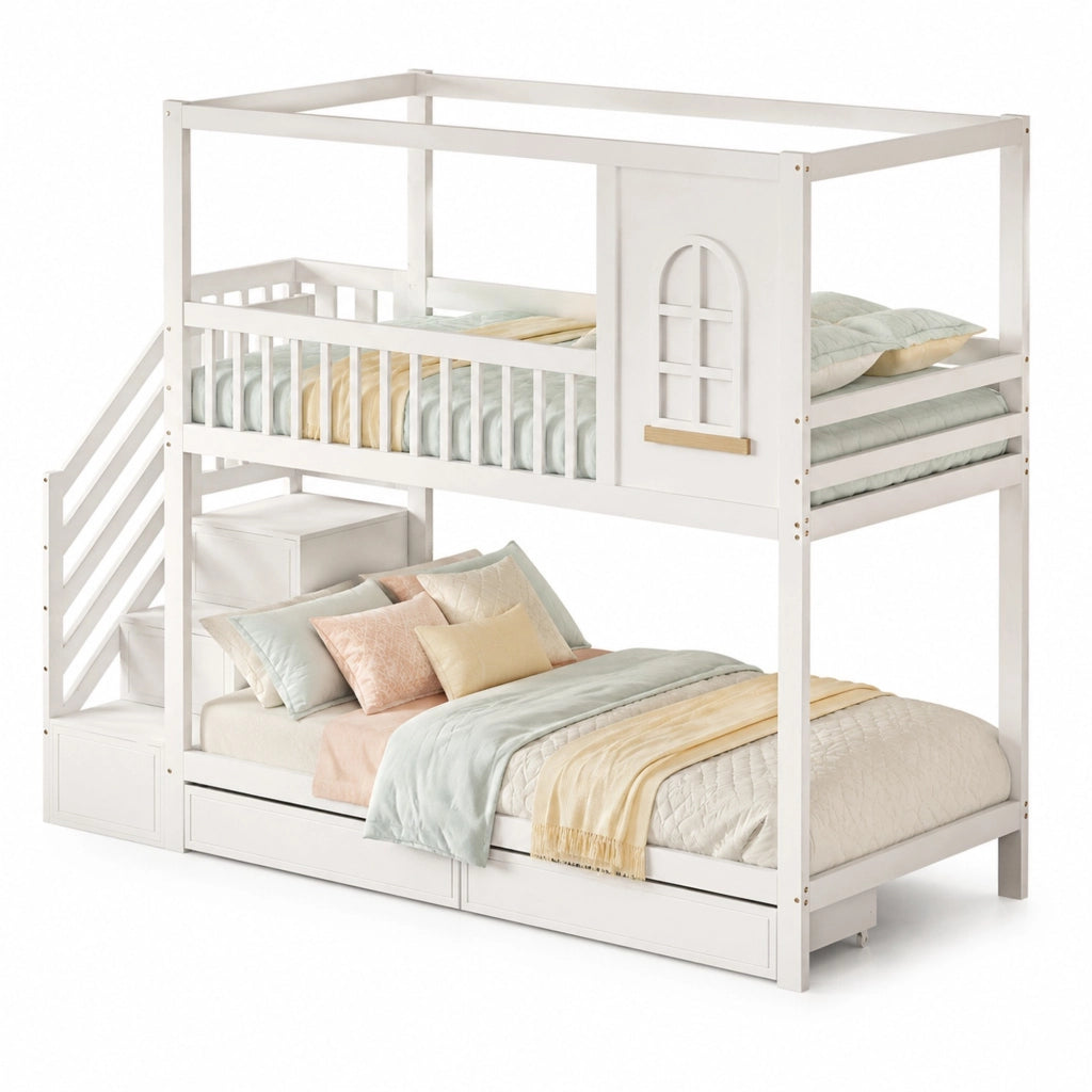 Letto a castello per bambini 90x200 cm con cassetti, bianco