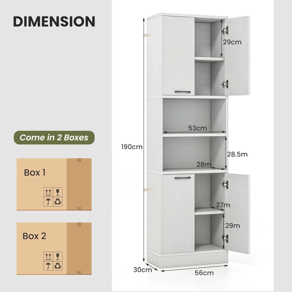 Credenza da Cucina Alto 190 cm, Mobile da Cucina con 4 Ante, 2 Scomparti Aperti, Madia Soggiorno Moderna, 3 Colori, 30x56x190 cm