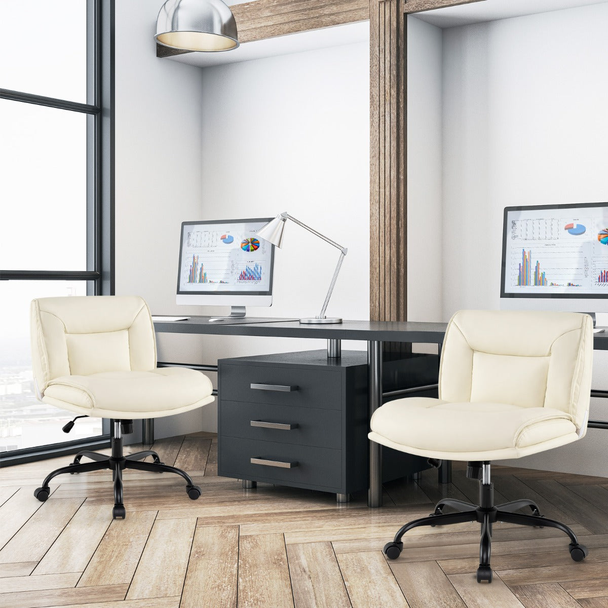 Sedia da scrivania senza braccioli con schienale e sedile ampi, Sedia a gambe incrociate con ruote Bianco-Sedie e poltrone