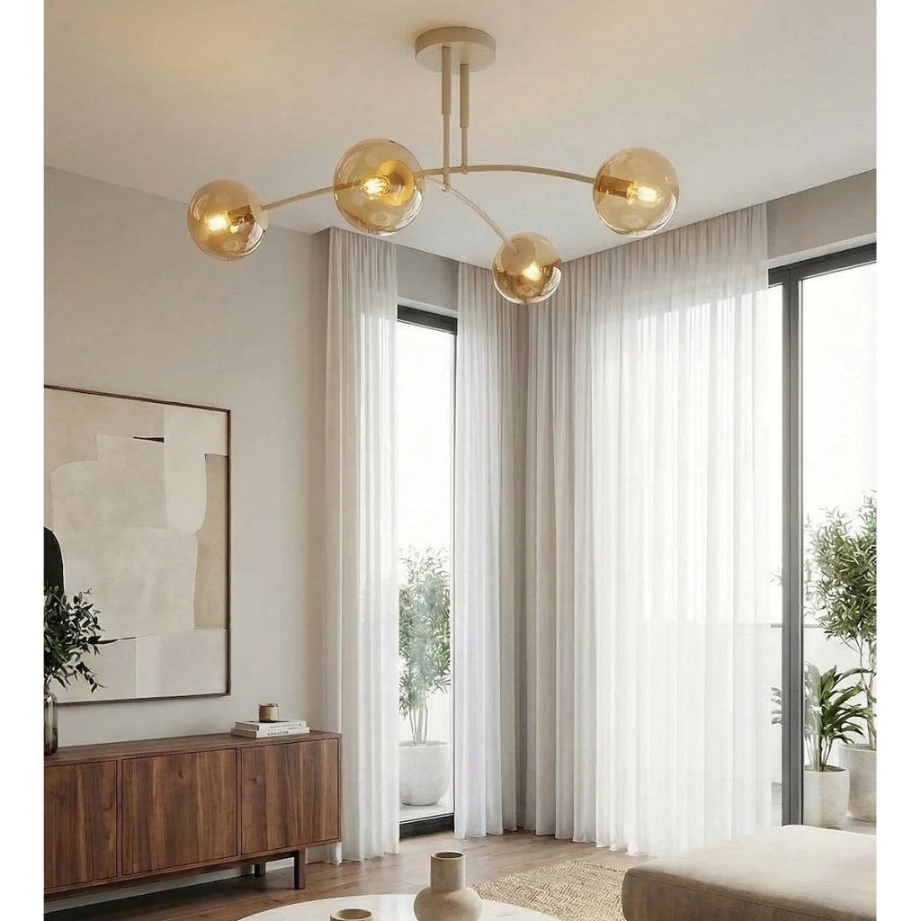 Lampada a sospensione Pregos in acciaio beige e vetro ambrato