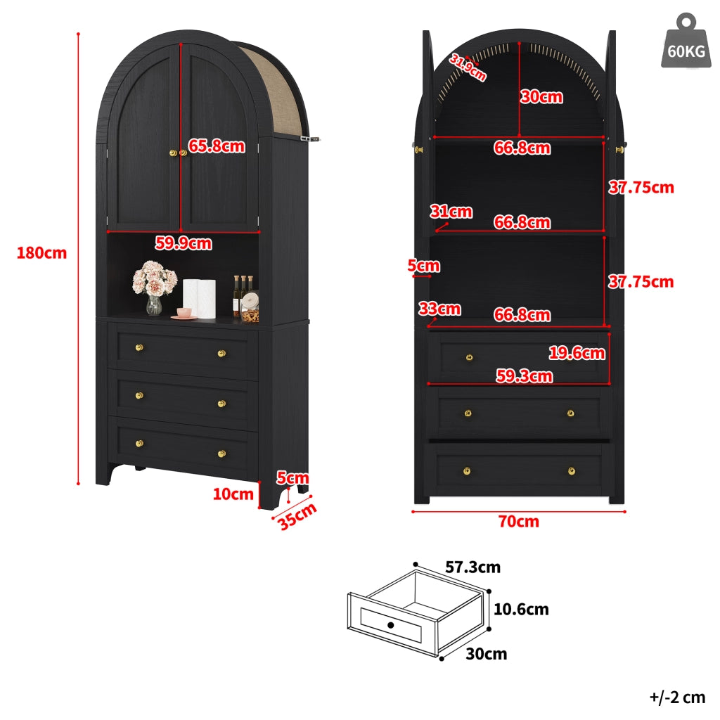 Armadio Alto con 2 Ante e 3 Cassetti; Vano Aperto; Design ad Arco; in MDF; Nero; 70??35??180 cm