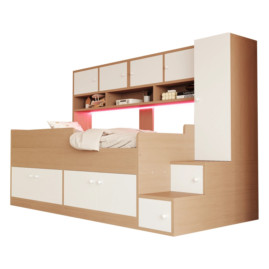 Letto Bambini in Legno con Contenitore, Armadio, LED e Scaletta ¨C MINIMAL ¨C 90x200