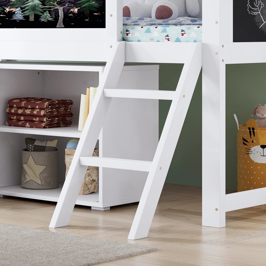 DESMIU Letto a castello per bambini 90 × 200 cm 1 posto con armadio, lavagna e scala, senza materasso, bianco