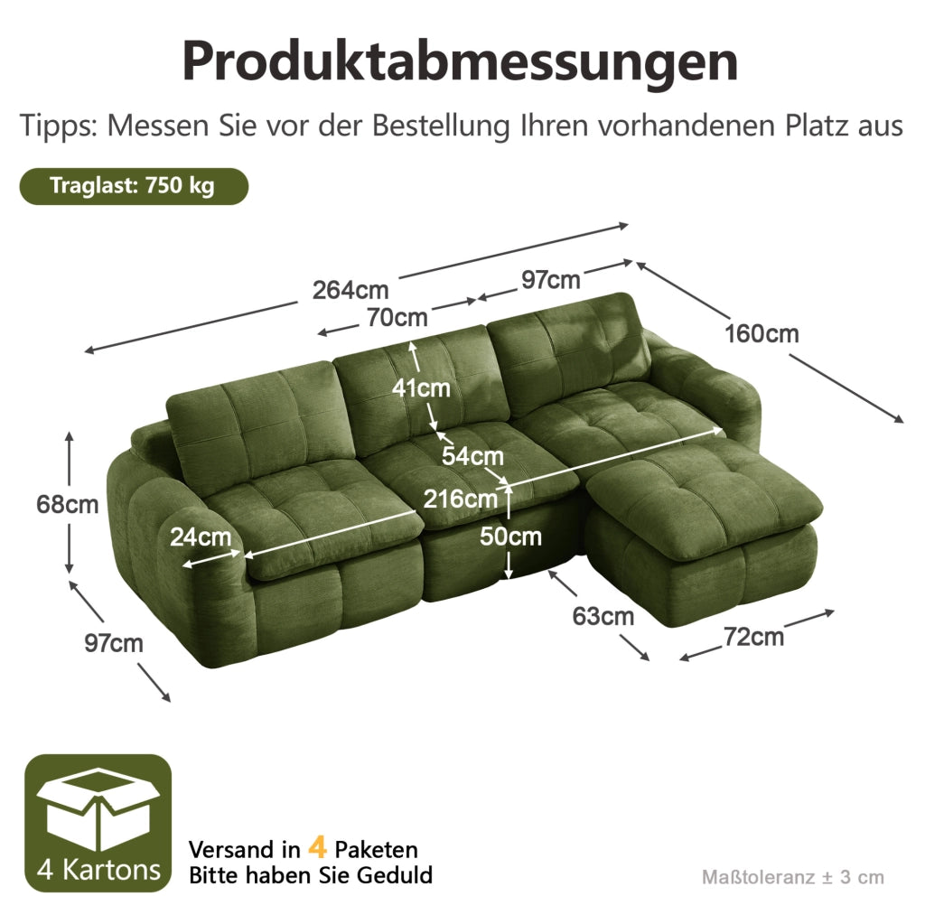 Divano modulare angolare 3 posti con pouf 264x160x68 cm in chenille verde