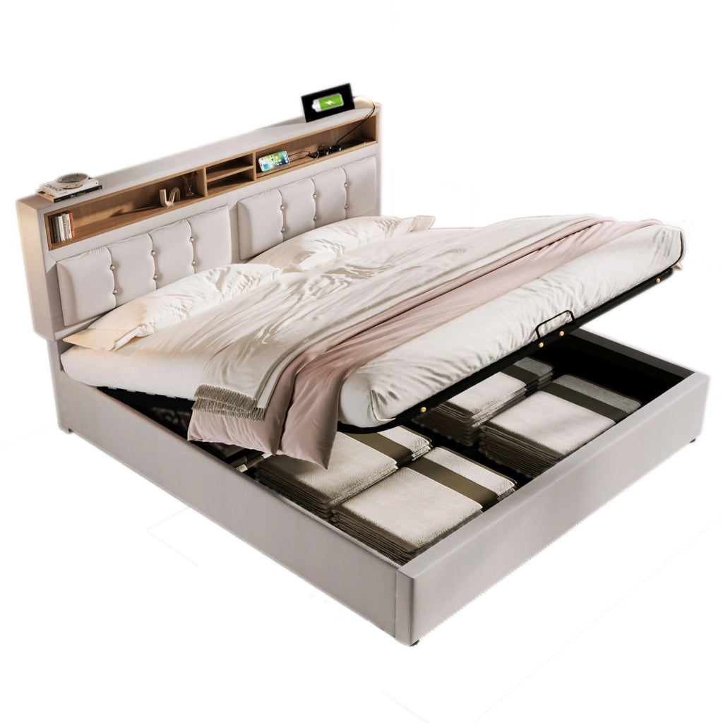 Letto Contenitore 160x200 cm con USB; Type-C; 4 Scomparti e Testiera Regolabile in Lino Beige