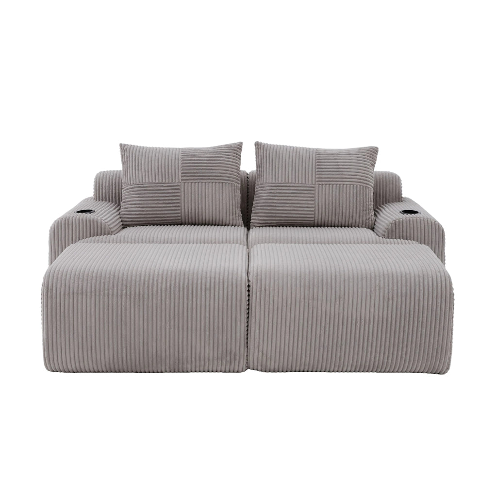 Divano modulare componibile 2 posti con portabicchieri e tasca laterale in corduroy grigio chiaro 200 × 174 × 80 cm
