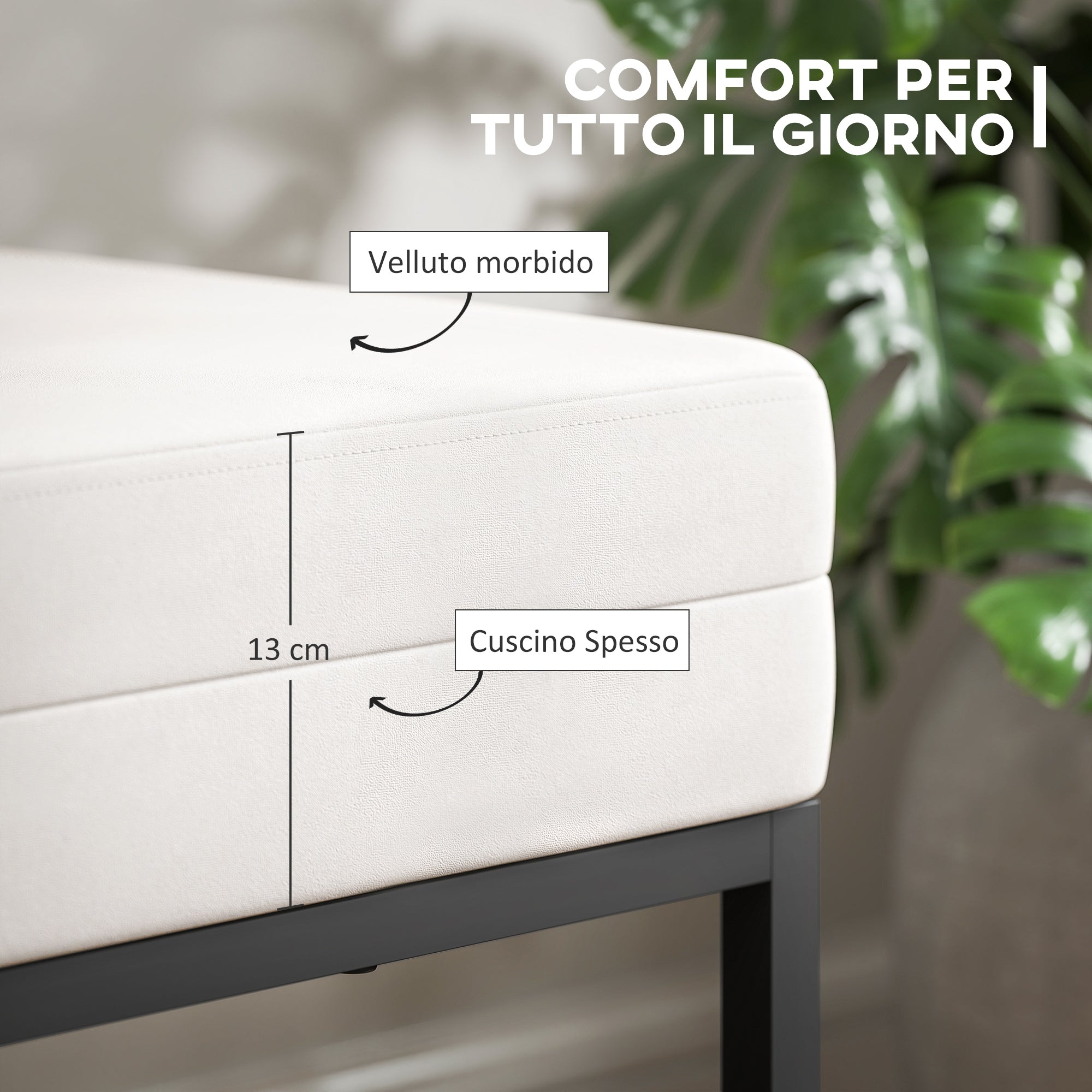 Panca da Ingresso Stile Moderno 94x42x44 cm Cuscino Alto in Tessuto Effetto Velluto Crema