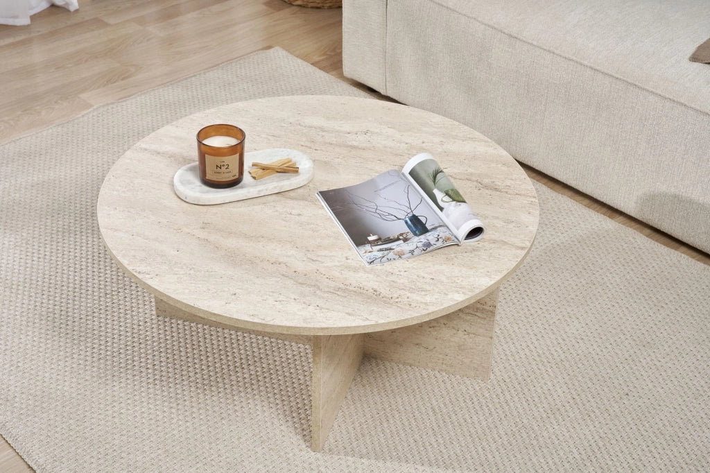 Simbario, Tavolino da Salotto Forma Rotondo, 90x90x40h cm Bianco Marmo